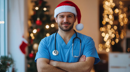 Smiling healthcare worker in scrubs wearing a Christmas Santa hat by a decorated treeの素材
