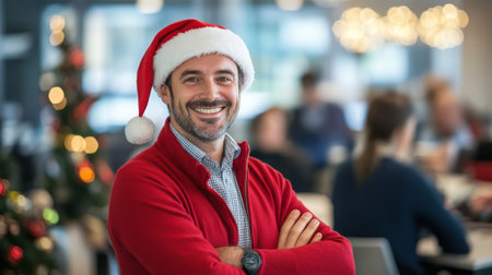Cheerful man in a Santa hat enjoying Christmas festivities in a lively office environmentの素材