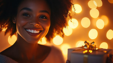 Joyful woman holding gift against backdrop of warm holiday lights at an evening gatheringの素材