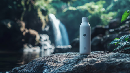 A sleek water bottle sits on a rock near a tranquil waterfall in a lush green forestの素材