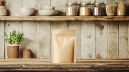 A minimalist kitchen setting featuring a brown kraft paper pouch on a rustic tableの素材