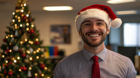 Holiday gathering with smiling man in Santa hat near beautifully decorated Christmas treeの素材