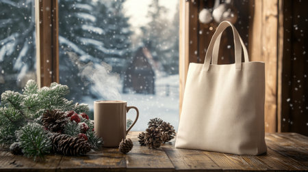 A tranquil winter morning by the window with a warm drink and seasonal decorationsの素材