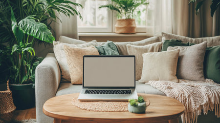 Cozy living room with laptop on table and lush greenery during the dayの素材
