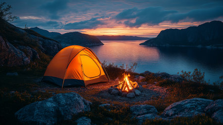 Serene camping experience by the lakeside with a glowing tent and campfire at sunset in a tranquil wilderness setting. Generative AIの素材