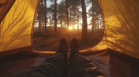 Enjoying a peaceful sunrise view from a camping tent in a serene forest during early morning hours. Generative AIの素材