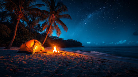 A tranquil beach campsite illuminated by a warm fire under a starry sky near palm trees at night. Generative AIの素材