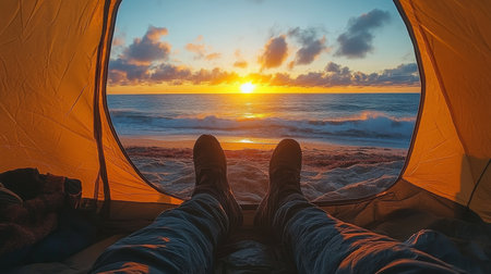 Enjoying a breathtaking sunset view from inside a tent on a beach during a serene evening by the ocean. Generative AIの素材
