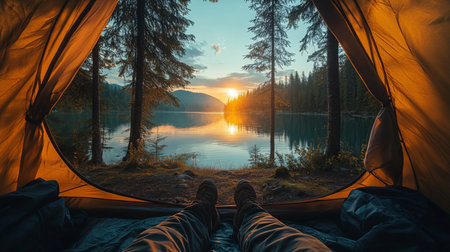 Enjoying a beautiful sunrise view from a cozy camping tent by a tranquil lake surrounded by tall trees in the wilderness. Generative AIの素材