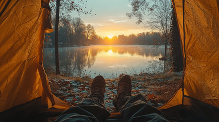 Enjoying a peaceful morning view from inside a tent facing a lake at sunrise in a serene forest setting. Generative AIの素材
