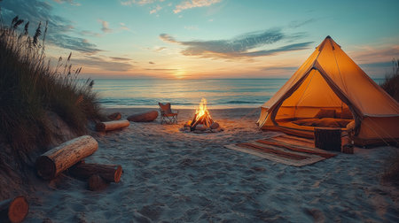Relaxing beach campsite at dusk with warm fire, glowing tent, and tranquil ocean waves under a colorful sunset sky. Generative AIの素材