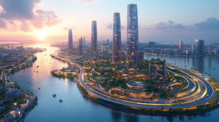 Aerial view of a modern city skyline during sunset with skyscrapers and a winding river. Generative AIの素材