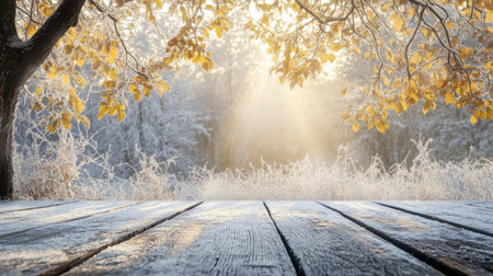 Frosty autumn morning sunlight filtering through leaves in a serene forest settingの素材