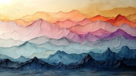 Lush, textured mountains in a vibrant sunset palette blending soft colors from deep blue to warm orange and pink in layered formation. Generative AIの素材
