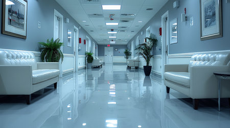 Long Hallway Decorated With White Couches and Potted Plantsの素材