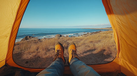 Enjoying a peaceful morning view from a tent overlooking the ocean at a scenic coastal campsite during sunrise. Generative AIの素材