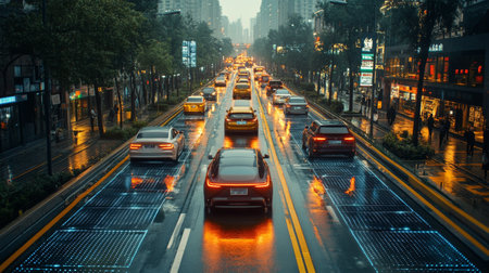 Rain-soaked urban street filled with cars driving on illuminated smart road technology at dusk. Generative AIの素材