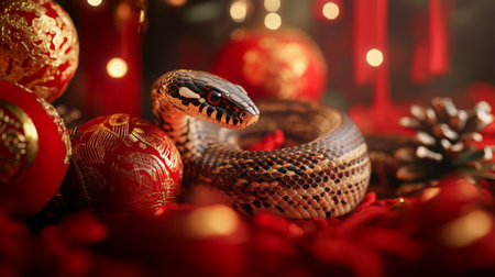 A decorative snake intertwines with festive ornaments during a vibrant celebrationの素材