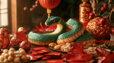 A green snake figur on table with red envelopes and other decorations for Chinese New Yearの素材