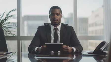 Business professional in a suit working at a conference table in a modern officeの素材