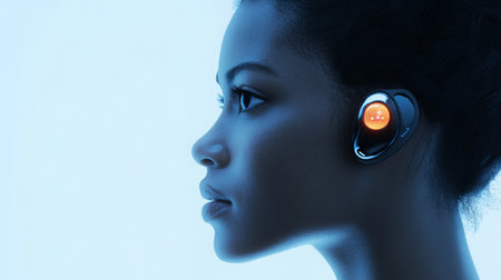 A woman with striking features listens intently while wearing a sleek, modern ear deviceの素材
