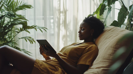 Woman relaxing indoors while reading on a tablet surrounded by indoor plants in soft lightの素材