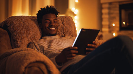 Cozy evening at home, man relaxes on chair while browsing on a tablet during winter nightの素材