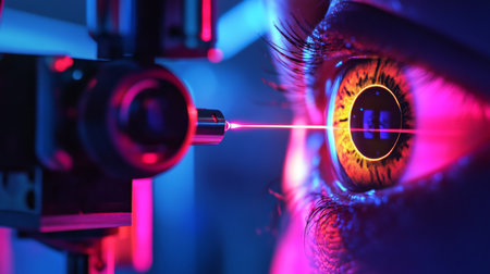 Laser procedure focused on eye treatment in a futuristic medical settingの素材