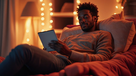Cozy evening indoor relaxation with a man reading on a tablet surrounded by soft lightingの素材