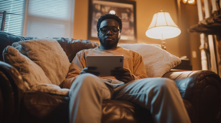 A young black man relaxes at home with a tablet in hand during a cozy evening indoorsの素材