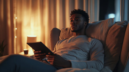 A young man relaxes on a couch while reading on a tablet in a cozy, dimly lit living roomの素材