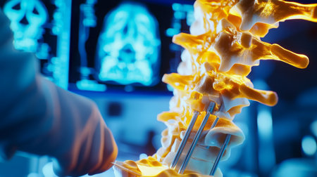 A medical professional examines spine model while analyzing spinal images in a lab settingの素材
