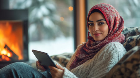Young Arab woman reading a tablet by the cozy fireplace during a snowy winter dayの素材
