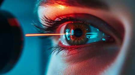 Laser treatment procedure highlighting an eye under examination in a clinical settingの素材