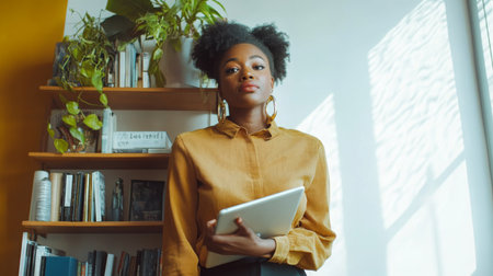 Young woman holds a tablet while standing in a bright room surrounded by books and plantsの素材
