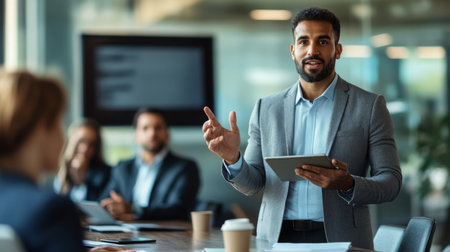 Business meeting in modern office where a professional presents with tablet to colleaguesの素材