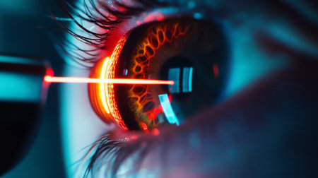 A close-up of an eye during laser surgeryの素材