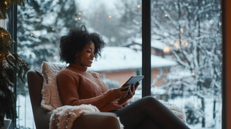 A young black woman enjoying a cozy winter afternoon reading on a tablet by the windowの素材