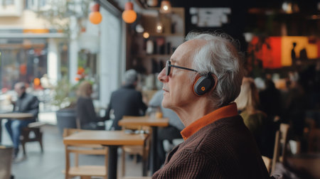 Elderly man enjoying music in a bustling cafe during a sunny afternoonの素材