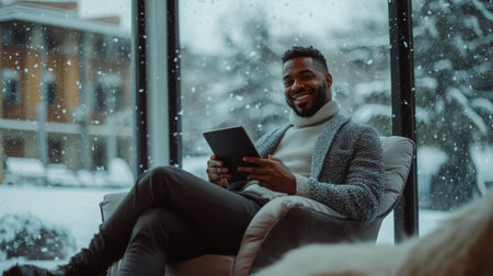 Man enjoying cozy winter afternoon indoors while reading on tablet next to snowy windowの素材