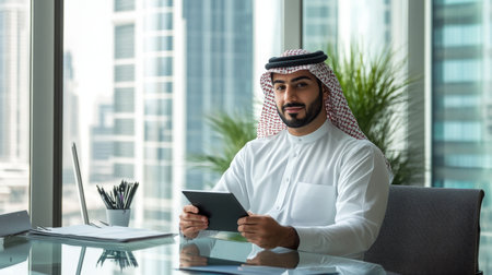 Professional man in traditional attire working in a modern office with city skyline viewの素材