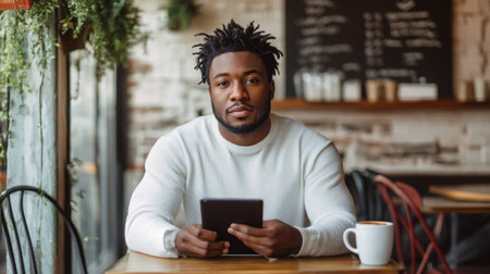 Young man with tablet enjoys coffee while sitting in a cozy cafe during the afternoonの素材