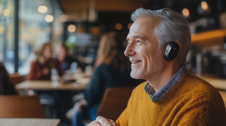 Older man enjoying music at cozy cafe while smiling and relaxing with headphones in autumnの素材