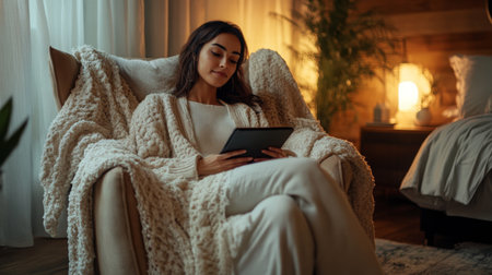 A woman relaxes in a cozy armchair while reading a tablet in a warmly lit roomの素材