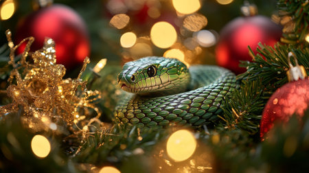 A vibrant green snake nestled among festive holiday decorations and sparkling lightsの素材