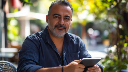 Man enjoying a quiet moment at an outdoor cafe while using a tablet in the afternoonの素材