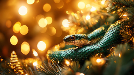 A vibrant green snake elegantly entwined in a Christmas tree adorned with golden lightsの素材