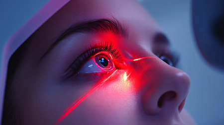 Laser eye surgery procedure taking place on a patient in a clinical settingの素材