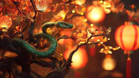 A green snake coiled on a decorative tree with lanterns during a festive night celebrationの素材