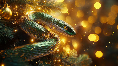 A green snake wraps around a pine branch, illuminated by golden lightsの素材